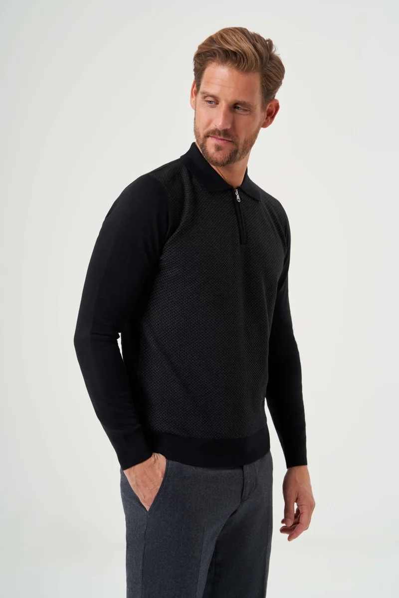 Bisse Men's Polo Collar Zipper Detailed Jacquard Knitwear BLACK TR23K23205_D99