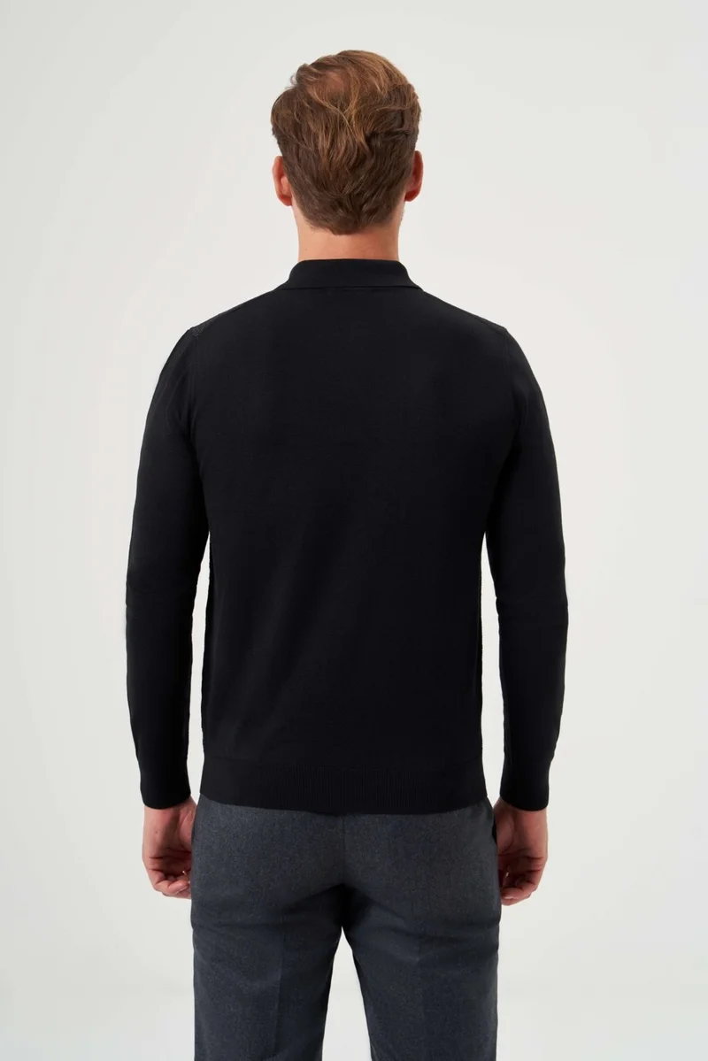 Bisse Men's Polo Collar Zipper Detailed Jacquard Knitwear BLACK TR23K23205_D99