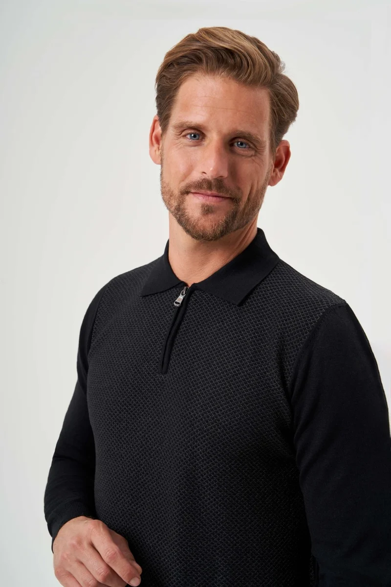 Bisse Men's Polo Collar Zipper Detailed Jacquard Knitwear BLACK TR23K23205_D99