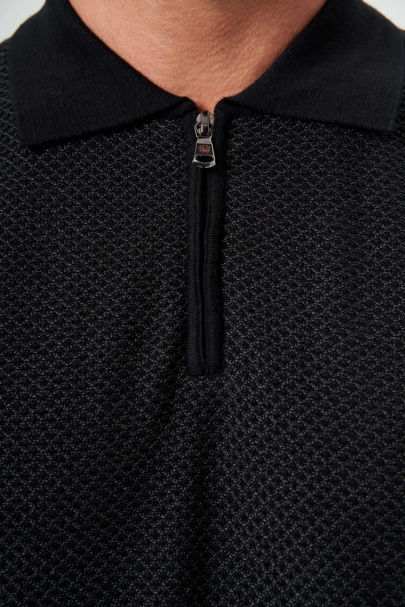 Bisse Men's Polo Collar Zipper Detailed Jacquard Knitwear BLACK TR23K23205_D99