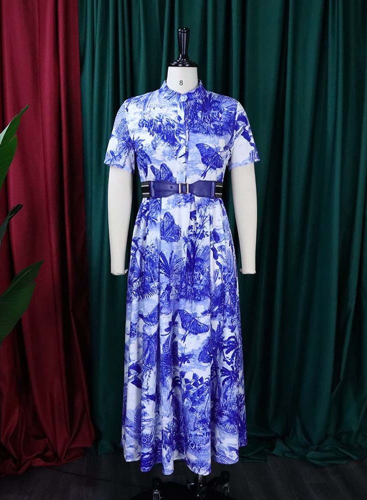 Loquat Button Printed Short Sleeve High Waist Dress Blue  - Image 1