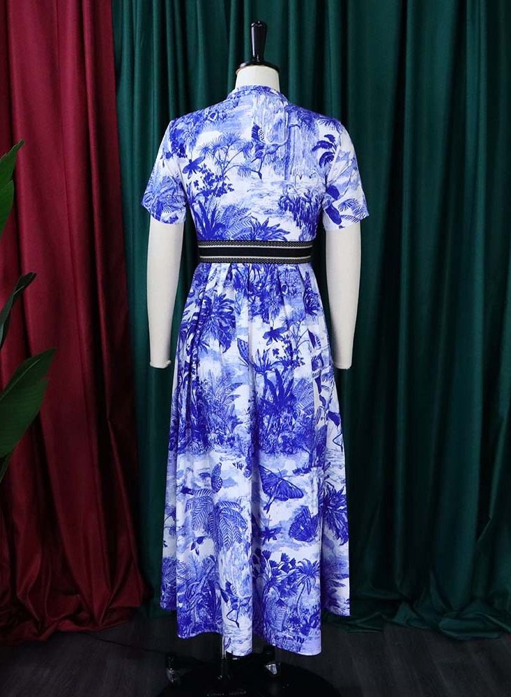 Loquat Button Printed Short Sleeve High Waist Dress Blue  - Image 2
