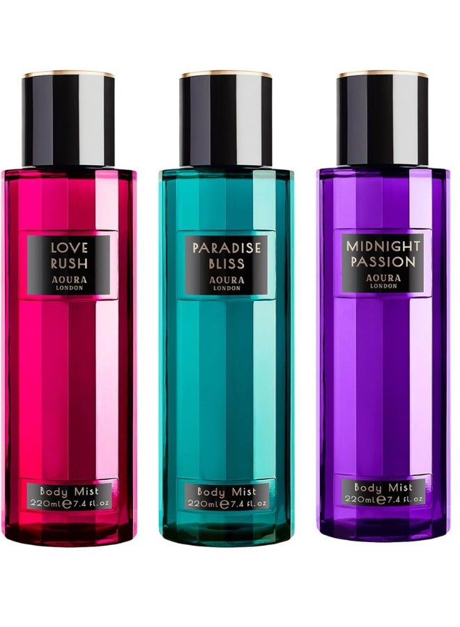 Aoura London Aoura London Women's Body Mist Bundle | 220ml | Pack of 3 | Includes Midnight Passion, Love Rush & Paradise Bliss | Sweet, Floral & Fruity Scents | Long-Lasting Perfumed Fragrance Sprays - Image 1