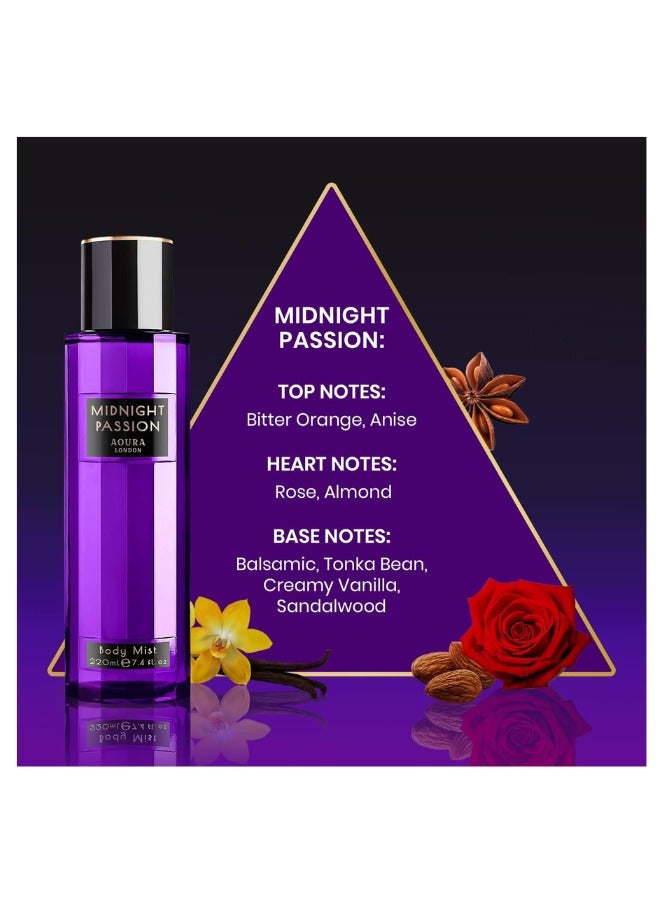 Aoura London Aoura London Women's Body Mist Bundle | 220ml | Pack of 3 | Includes Midnight Passion, Love Rush & Paradise Bliss | Sweet, Floral & Fruity Scents | Long-Lasting Perfumed Fragrance Sprays - Image 4