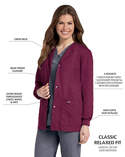 Landau Essentials Relaxed Fit 4-Pocket Snap-Front Scrub Jacket for Women 7525 Wine - Image 2