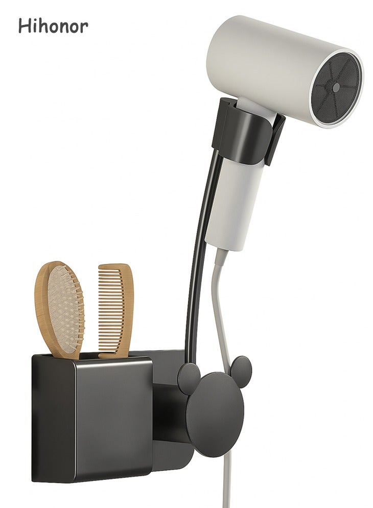 Hihonor Hair Dryer Holder Wall Mount, Blow Dryer Stand, Hands Free, 360° Rotating Adjustable Arm, Bathroom Organizer, Black - Image 1