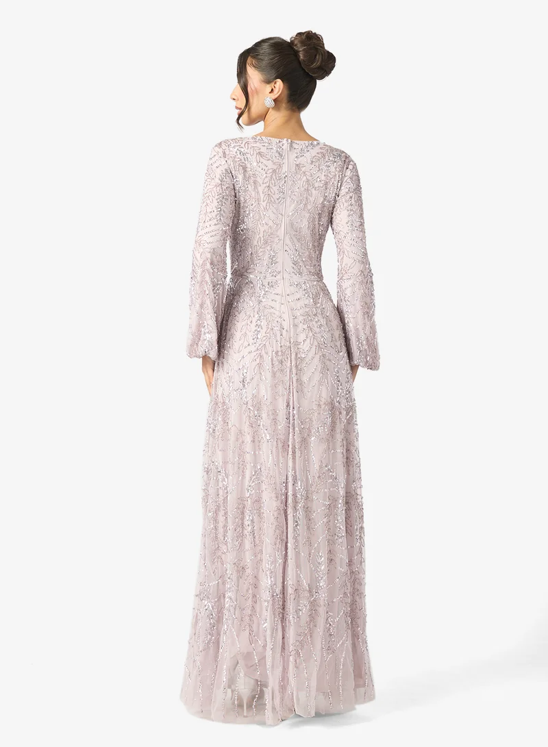 MARYISA Imara Modest Embellished Sequin Puff Sleeve Maxi Dress