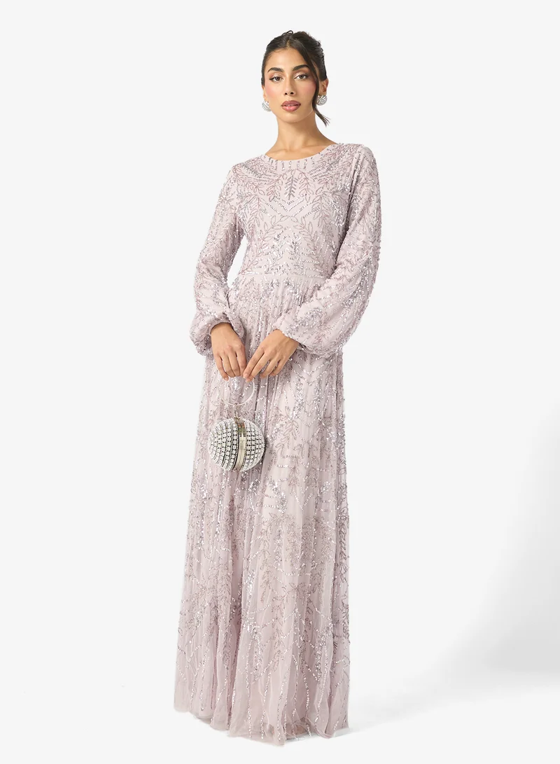 MARYISA Imara Modest Embellished Sequin Puff Sleeve Maxi Dress