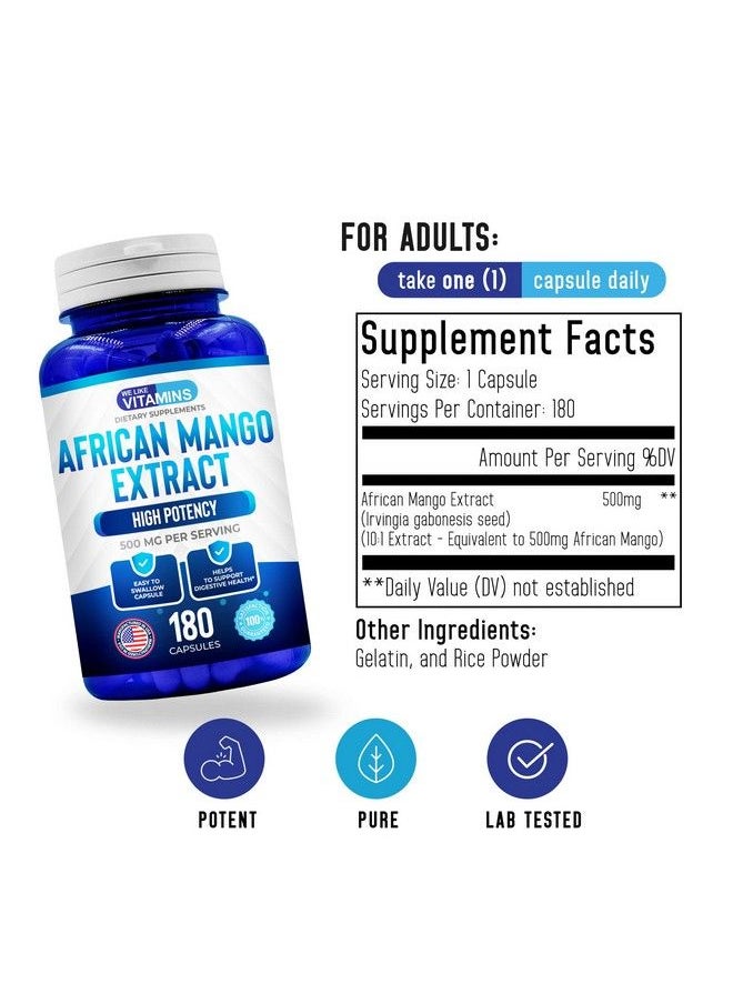 We Like Vitamins - African Mango Extract 500Mg 5000Mg Equivalent 10:1 Extract 180 Capsules 6 Month Supply Of African Mango Capsules Supports Metabolism Of Fat And Digestive Health - Image 1