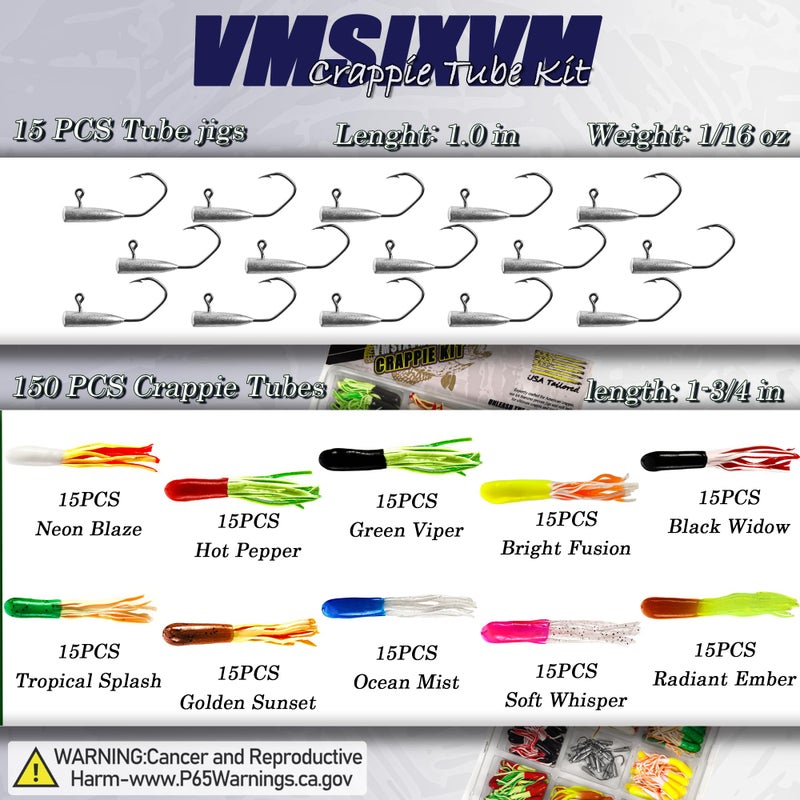 VMSIXVM 165 Pcs Tube Lures Crappie Lures with Jig Heads Soft Plastic Baits for Bass Fishing, Tube Worms Jigs Hooks Rigs Swimbait for Freshwater Saltwater - Image 2