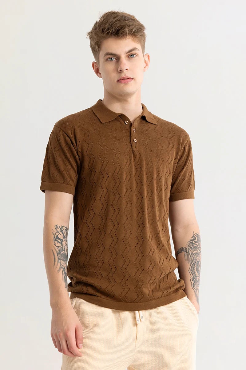 SNITCH Baldassare Brown Knitted Polo T-Shirt - Image 1