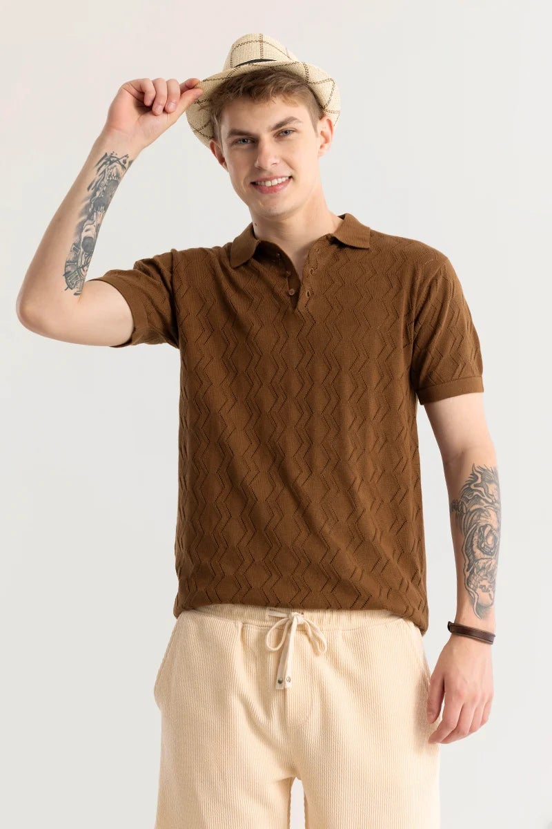 SNITCH Baldassare Brown Knitted Polo T-Shirt - Image 3