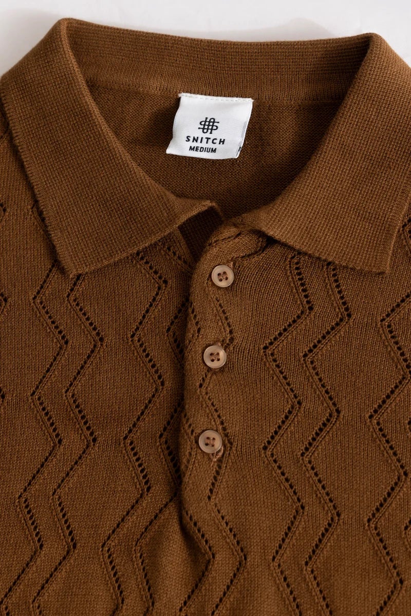 SNITCH Baldassare Brown Knitted Polo T-Shirt - Image 2