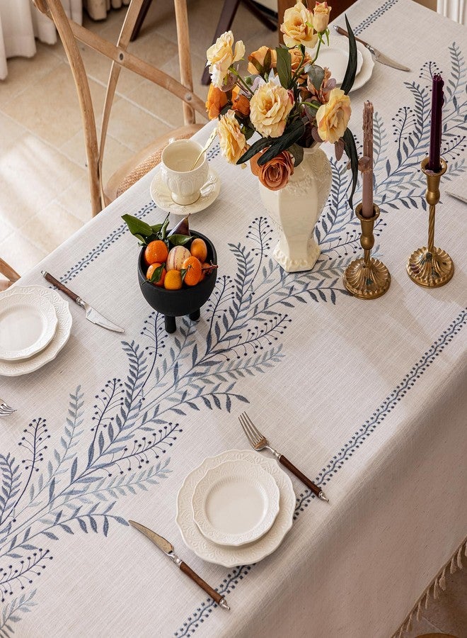 Joyfol Day Rustic Waterproof Linen Tablecloth, Heavy Weight Fern Embroidery Table Cloths for Rectangle Tables, Farmhouse Spill-Proof Table Covers with Tassels, Blue 55''x 70'' - Image 3