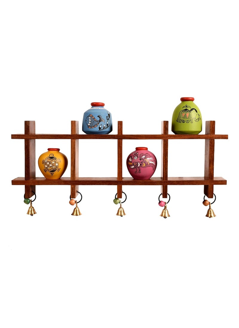 AAKRITI ART CREATIONS Aakriti Art Creations Madhubani Colored Pots Wooden Wall Ladder 16  - Image 1