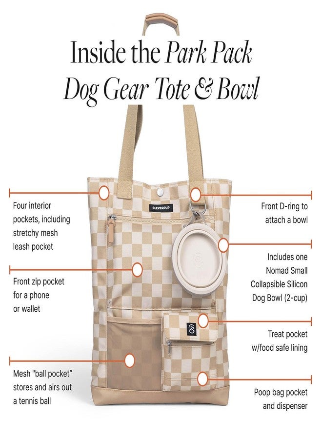 Cleverpup Park Pack 2-Piece Set Dog Gear Tote - Dog Travel Bag with 8 Pockets, Treat Pouch, Poop Bag Dispenser, Quick-Dry Ball Pocket, Collapsible Bowl, Perfect for Walks & Park Trips, Checkerboard - Image 2