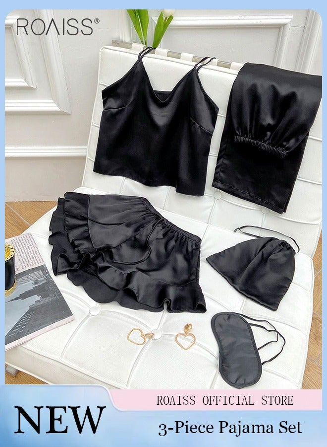 roaiss 3-Piece Ice Silk Satin Solid Color Pajama Set For Women Daily Fashion Versatile Pajama Shorts + Pajama Trousers + Adjustable Suspender Set Home Wear - Image 1