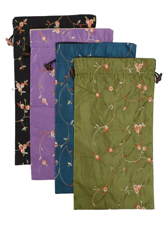 VIOCIWUO Embroidery Silk Flower Shoe Bag 4Pcs Drawstring Silk Travel Bag Jacquard Underwear Bags Washable Big Sachet Bag Storage Bags for Men Women - Image 1