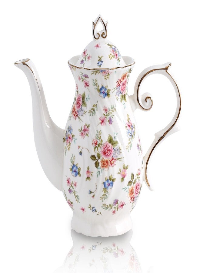 Agyiuns tea pot ceramic, Porcelain teapot with lid, 38.8 Oz (White with small flowers) - Image 1