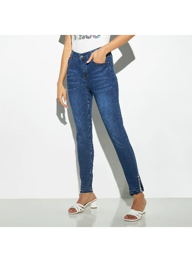 2Xtremz 2Xtremz Embellished Jeans with Pockets and Slit Detail