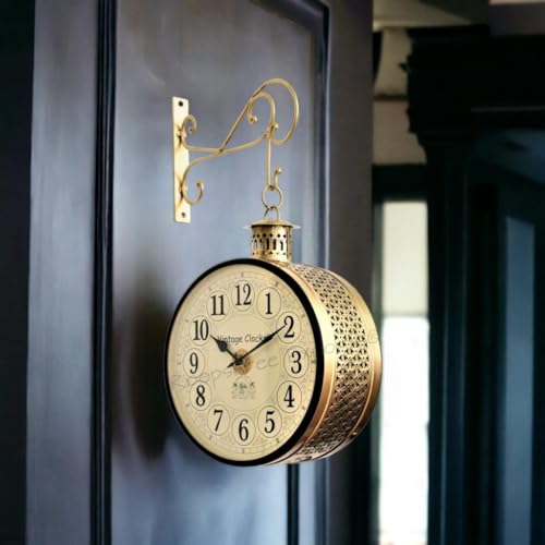 Vintage Clock Handcrafted Double Side Clock with English Numbers 1 Year Warranty (8 Inches Size, Brass Finish, Totem Jali Design)-Analog - Image 5