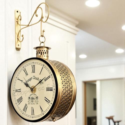 Vintage Clock Handcrafted Double Side Clock with English Numbers 1 Year Warranty (8 Inches Size, Brass Finish, Totem Jali Design)-Analog - Image 4