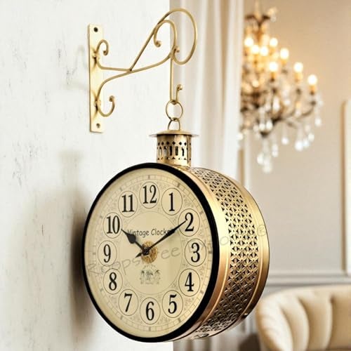 Vintage Clock Handcrafted Double Side Clock with English Numbers 1 Year Warranty (8 Inches Size, Brass Finish, Totem Jali Design)-Analog - Image 1