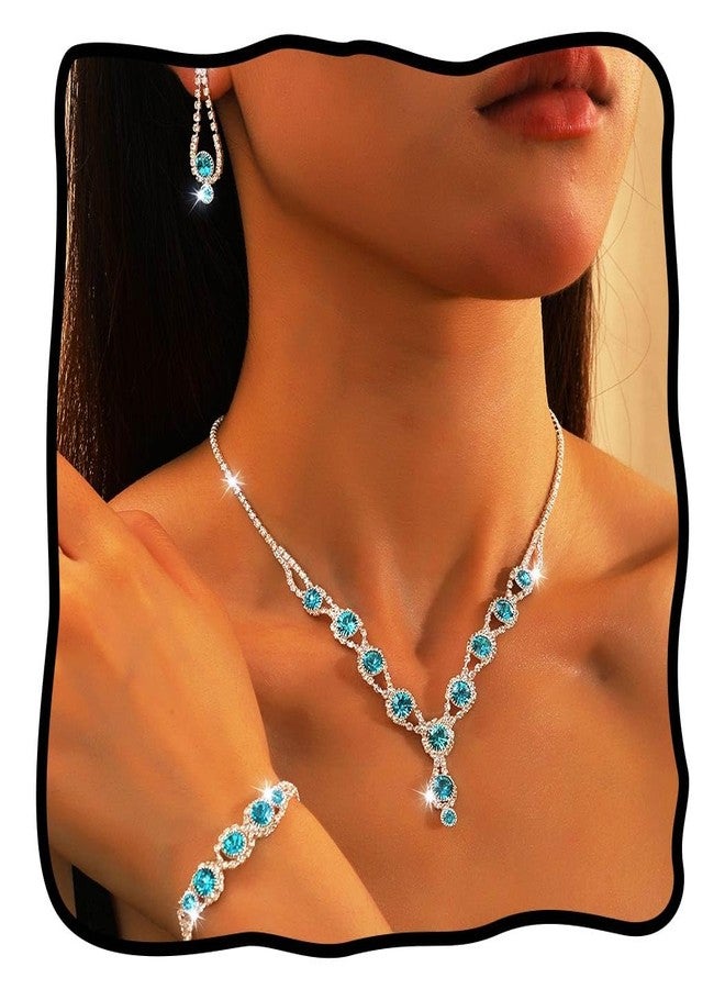 TWINKLEDE Light Blue Rhinestone Necklace Jewelry Set Wedding Prom Necklaces Bracelet and Earrings for Women (Light blue, One size) - Image 1