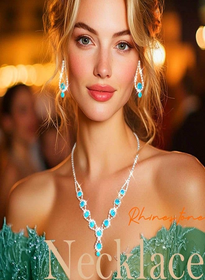 TWINKLEDE Light Blue Rhinestone Necklace Jewelry Set Wedding Prom Necklaces Bracelet and Earrings for Women (Light blue, One size) - Image 5