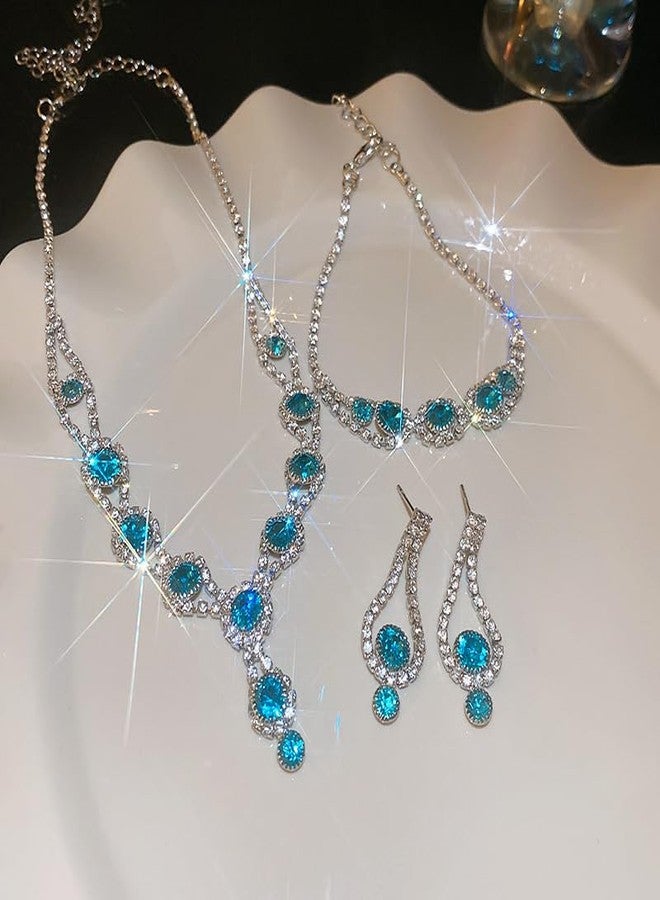 TWINKLEDE Light Blue Rhinestone Necklace Jewelry Set Wedding Prom Necklaces Bracelet and Earrings for Women (Light blue, One size) - Image 2