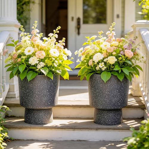 Ultym 16.8" Large Planters Set of 2 Modern Pedestal Plant Pots with Drainage Hole, Durable Plastic Flower Pots w/Terrazzo Finish, Weather-Resistant for Garden Patio Balcony Home Outdoor Indoor Decor - Image 1