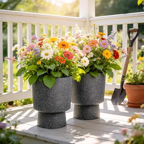 Ultym 16.8" Large Planters Set of 2 Modern Pedestal Plant Pots with Drainage Hole, Durable Plastic Flower Pots w/Terrazzo Finish, Weather-Resistant for Garden Patio Balcony Home Outdoor Indoor Decor - Image 2