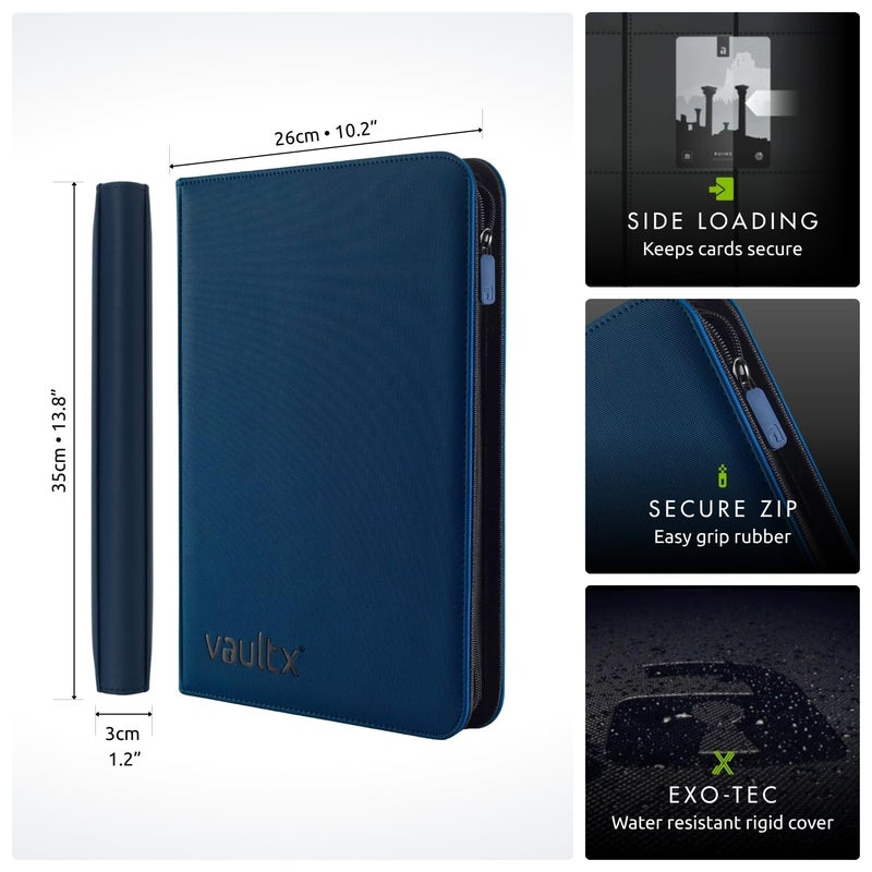 Vault X حافظة بطاقات التداول Vault X 9 جيب بسحاب، 360 بطاقة، مادة ألبوم إكسو-تيك الفاخرة، 20 صفحة تحميل جانبي، مجلد للألعاب القابلة للجمع، الرياضات، TCG (أزرق) - Image 2