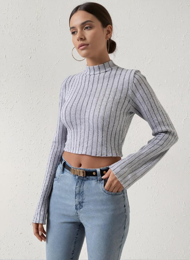 Take Two Grey Textured Knit Crop Top - Image 1