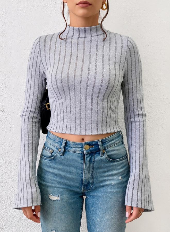 Take Two Grey Textured Knit Crop Top - Image 2