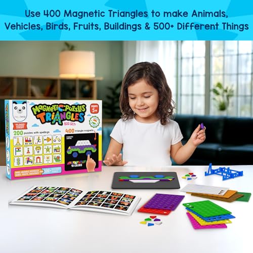 PLAY PANDA Magnetic Puzzle Set for Kids, Big Triangles with 400 Magnetic Shapes with Magnetic Board,100 Puzzle Book & 200 Puzzle Patterns, Display Stand and Storage Tray Indoor Educational Toy - Image 3