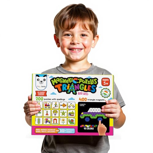 PLAY PANDA Magnetic Puzzle Set for Kids, Big Triangles with 400 Magnetic Shapes with Magnetic Board,100 Puzzle Book & 200 Puzzle Patterns, Display Stand and Storage Tray Indoor Educational Toy - Image 4