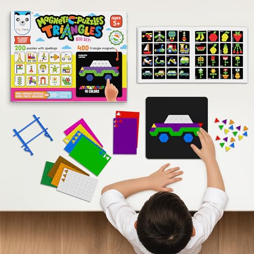 PLAY PANDA Magnetic Puzzle Set for Kids, Big Triangles with 400 Magnetic Shapes with Magnetic Board,100 Puzzle Book & 200 Puzzle Patterns, Display Stand and Storage Tray Indoor Educational Toy - Image 2