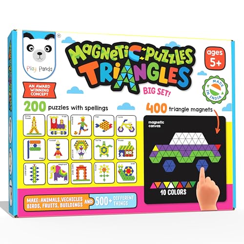 PLAY PANDA Magnetic Puzzle Set for Kids, Big Triangles with 400 Magnetic Shapes with Magnetic Board,100 Puzzle Book & 200 Puzzle Patterns, Display Stand and Storage Tray Indoor Educational Toy - Image 1