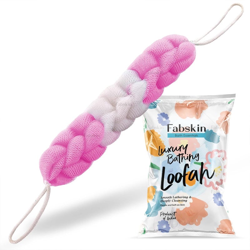 Fabskin حزام فاب سكين الفاخر لفرك الظهر لوفا للاستحمام للرجال والنساء - إسفنجة استحمام قابلة للتمدد بـ 9 عقد (وردي) - Image 1