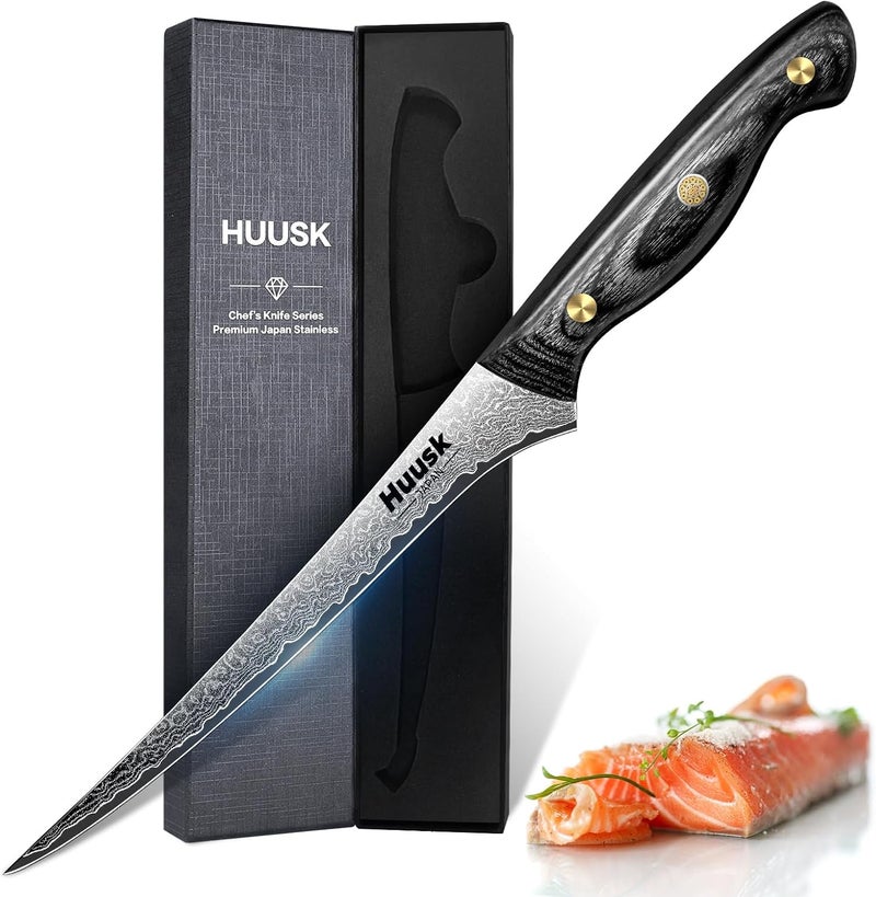 Huusk Damascus Fish Fillet Knife - 7 inch Flexible Boning Knives with VG10 Core, Kitchen Slicing Knife with Full Tang Handle, Christmas Gift for Men and Women - Image 1