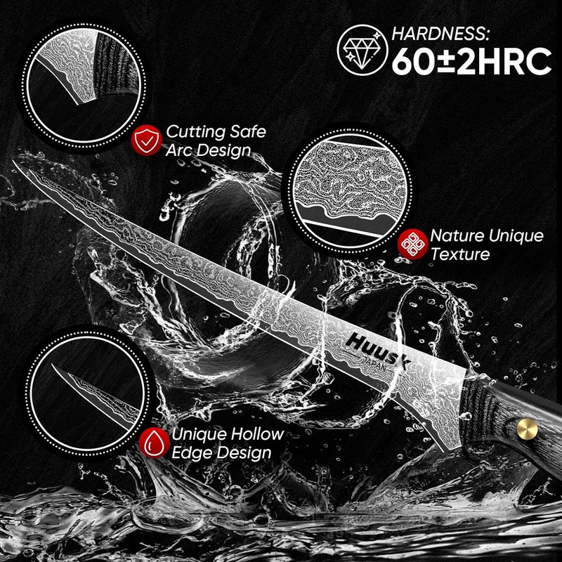 Huusk Damascus Fish Fillet Knife - 7 inch Flexible Boning Knives with VG10 Core, Kitchen Slicing Knife with Full Tang Handle, Christmas Gift for Men and Women - Image 4