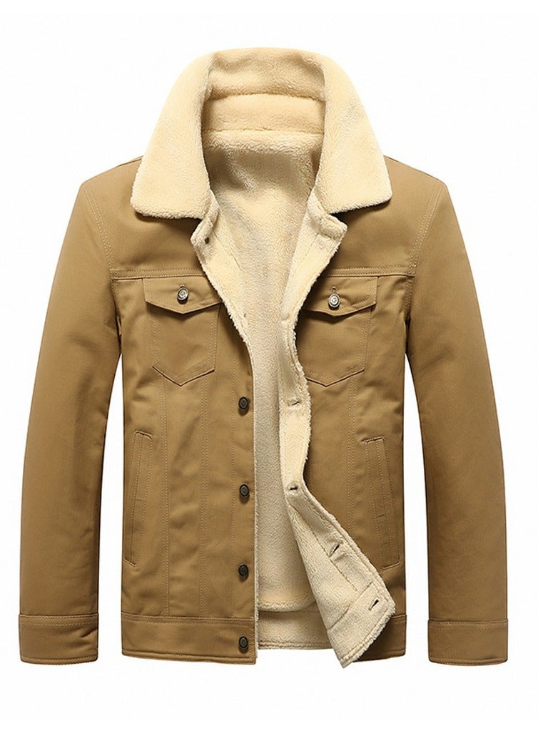 Loquat Men's Thick Plush Lapel Single Breasted Slim Fit Outdoor Jacket Long Sleeve Casual Coat Khaki 