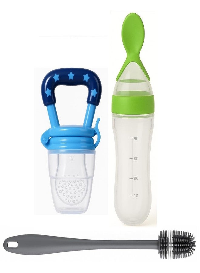 Joy Buzz Baby Food Dispensing Spoon Feeder Bottle 90ml and Fruit Feeder/Nibbler/Pacifier with Cleaning Brush Pack of 3 (GRN-BLU) - Image 1
