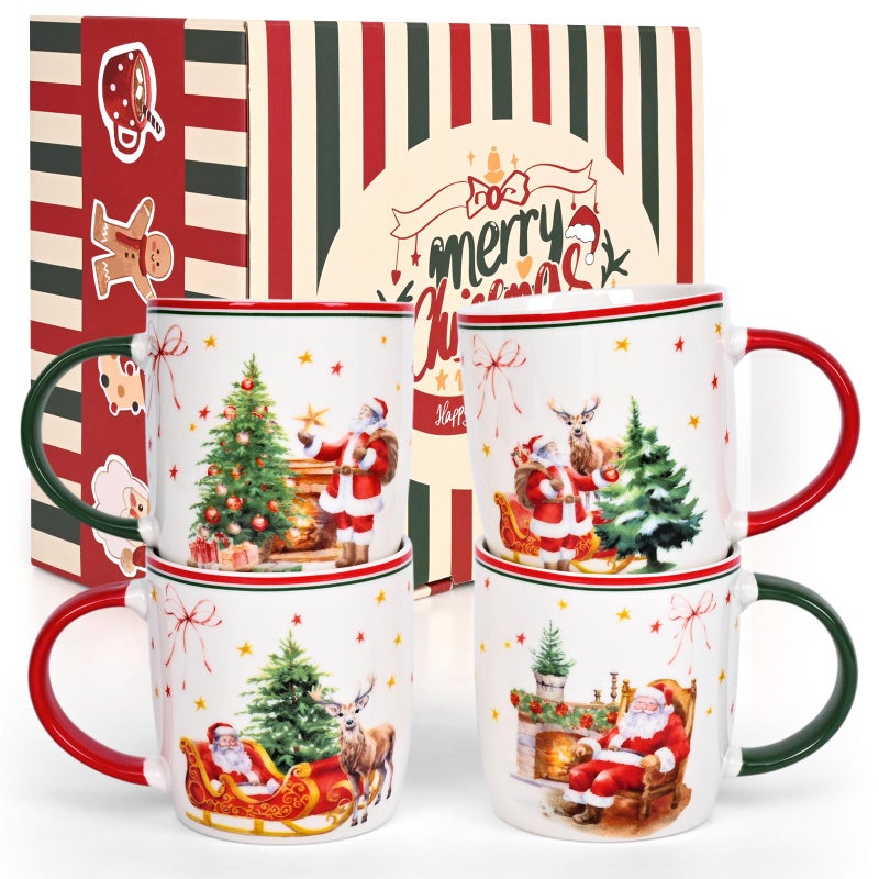 Cabtnca Christmas Coffee Mugs Set of 4 Ceramic Santa Mug Holiday Xmas Decor Marry Christmas Gifts for Women Kids 11 Oz - Image 1