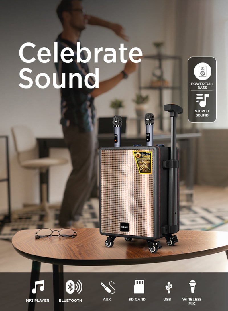 iSONIC Portable Bluetooth Party Speaker With 25000 PMPO Output, 6-Hour Battery Backup, Sound-Sensitive LED Lights, And Portable Microphone IS482 Black/Brown  - Image 2