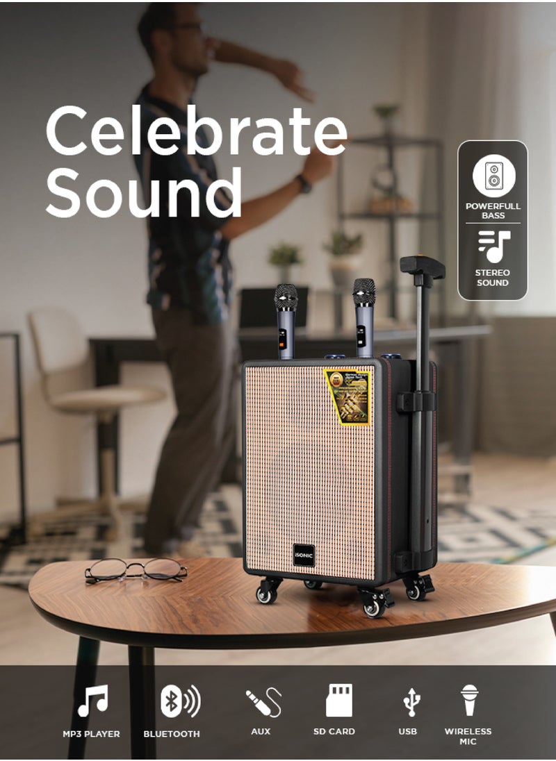 iSONIC - Portable Bluetooth Party Speaker With 25000 PMPO Output, 6-Hour Battery Backup, Sound-Sensitive LED Lights, And Portable Microphone IS482 Black/Brown - Image 1