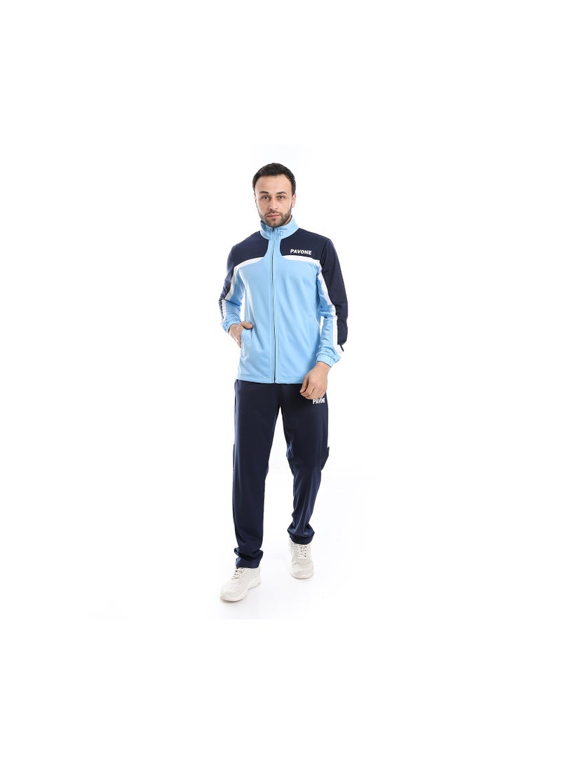 Pavone Zipper Closure Elastic Waist Tracksuit - Shades of Blue & White - Image 1