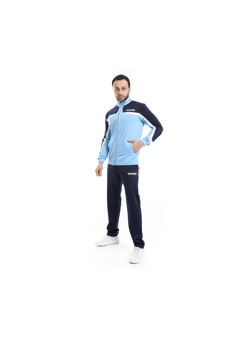 Pavone Zipper Closure Elastic Waist Tracksuit - Shades of Blue & White - Image 2