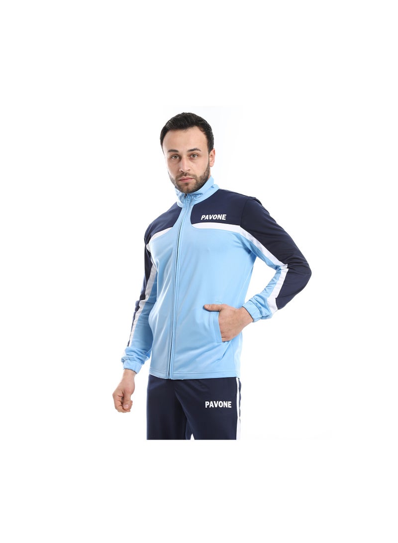 Pavone Zipper Closure Elastic Waist Tracksuit - Shades of Blue & White - Image 5